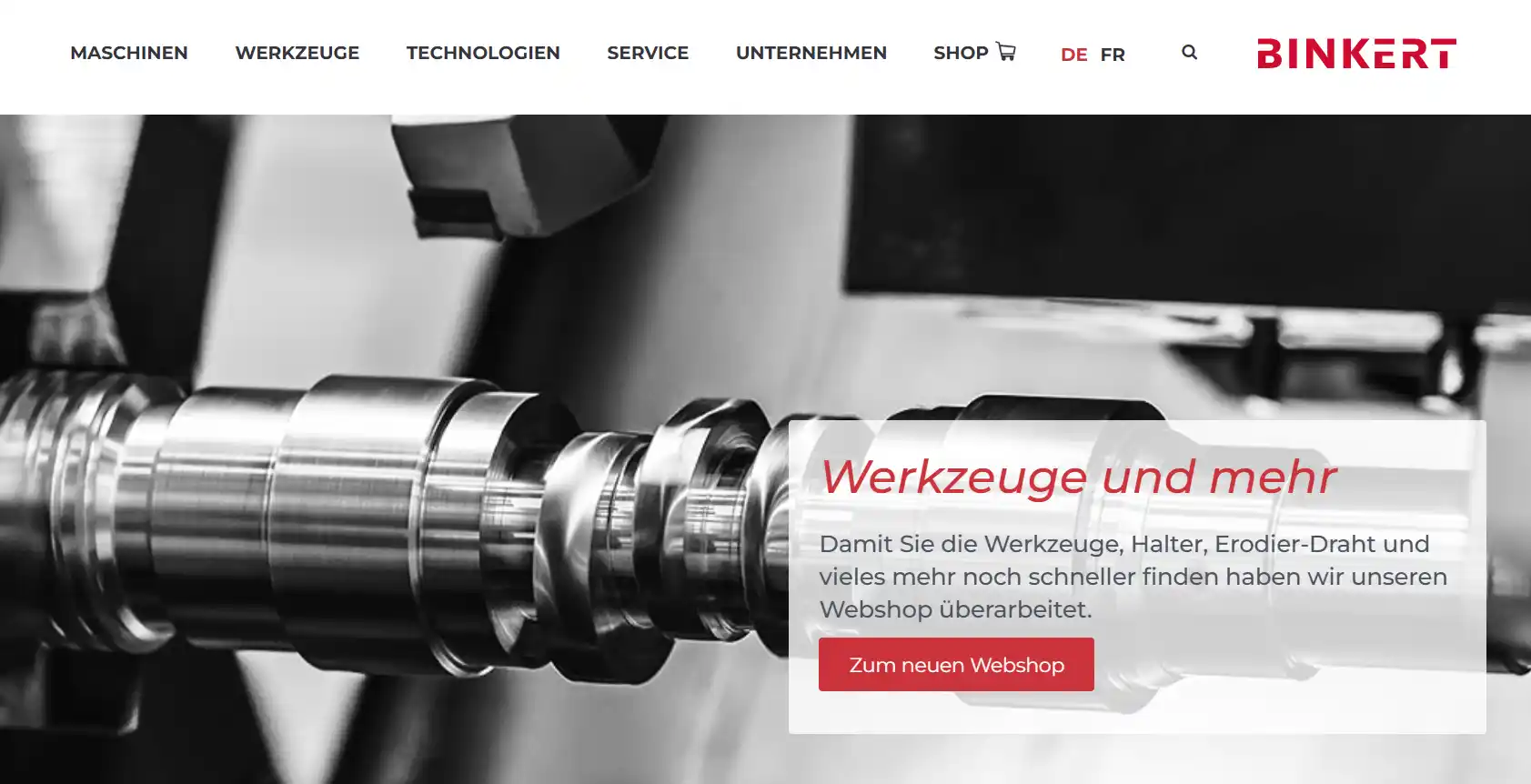 Startseite des Webshops der BINKERT AG zu sehen ist ein Werkzeug